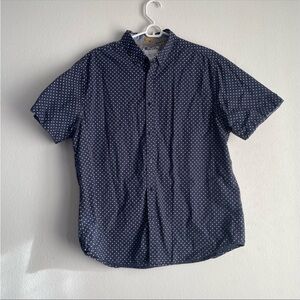 Denim & Flower by Ricky Singh button down navy blue polka dot shirt